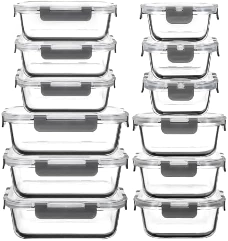 12 Pack Glass Meal Prep Containers Set, Airtight Snap Lids, 4 Sizes