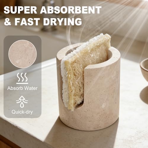 Natural Travertine Sponge Holder for Kitchen Sink w A Plant-Based Sponge