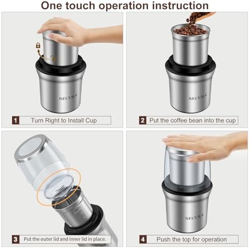 Secura Electric Coffee and Spice Grinder, 1 Removable Bowls, Stainless - Image 6