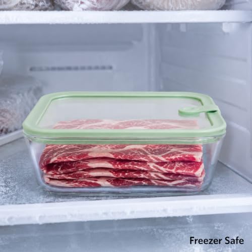 Glass Food Storage Containers, Set of 3 - Airtight Vacuum Sealed Steam Vent Lids - Square Borosilicate Glass Dishes with Ombre Green Lids - Assorted Sizes for Meal Prep & Leftovers, Sage