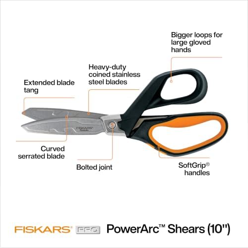Fiskars Pro PowerArc Shop Shears, Heavy Duty Stainless Steel Scissor, Industrial Grade Tool for Building and Construction, 10 in, Orange/Black