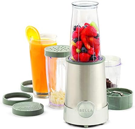 bella Personal Size Rocket Blender for Smoothies and Protein Shakes, Portable Juice Maker and Mini Food Processor and Grinder, 12 Piece, BPA Free Accessories, 240 W, Stainless Steel by bella
