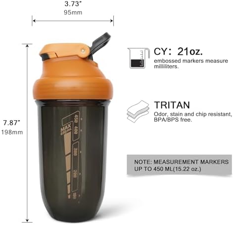 20 oz protein shaker bottle, TRITAN Plastic, BPA/BPS Free Whey Protein Drink Cups for Pre-Workout and Gym, Blender Shaker for Blending Protein Shakes, Overnight Oats and Smoothies (orange) - Image 3