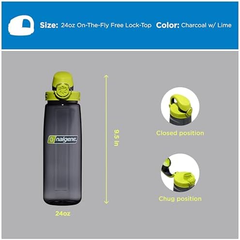 Nalgene 24 oz On The Fly Lock-Top Water Bottle, Charcoal w/Lime - Image 5