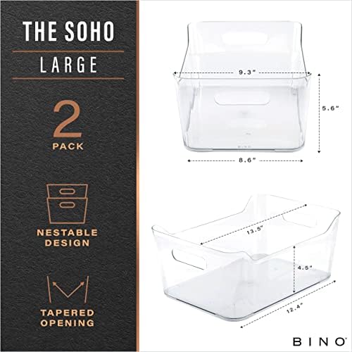 Plastic Storage Bins, Large - 2 Pack, Clear | THE SOHO COLLECTION | Pantry Organizers and Storage Containers | Fridge Organizer Bins | Kitchen Cabinet Organizer | Medicine Cabinet Bin