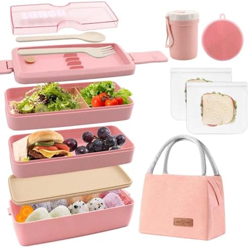 Bento Box Japanese Lunch Box Kit Leakproof Bento Lunch Box for Kids Adults Wheat Straw 3 Layer Stackable Lunch Containers with Compartment Eco-Friendly Meal Prep Containers (Pink)