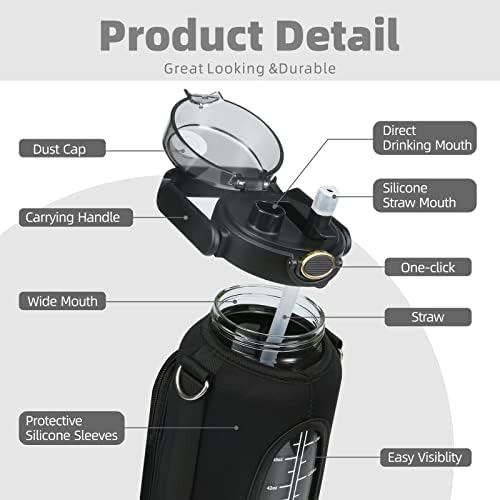 Half Gallon 64oz Glass Water Bottle with Straw and Storage Sleeve Motivational Water Bottle with Strap and Time to Drink 2L Leakproof Reusable Water Jug for Fitness Gym and Outdoors