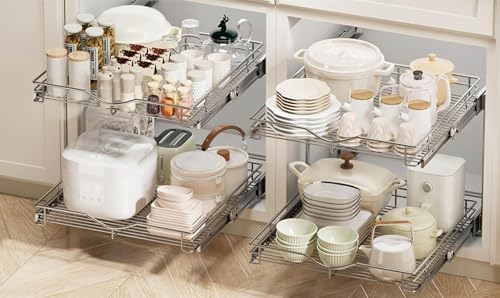 2 Tier Pull Out Cabinet Organizer (17" W X 21" D), Double Tier Wire Basket Slide Out Shelf Storage for Kitchen Base Cabinet, Chrome Finish
