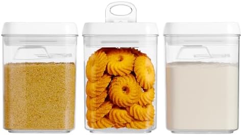 Flip Tite Storage Container with Built-In Spoon & Airtight Lid 5” Large-M Ring Flip Top, Stackable Acrylic Canister for Sugar Flour Powder, Kitchen Pantry Organizer (1.8qt), 2 spoons