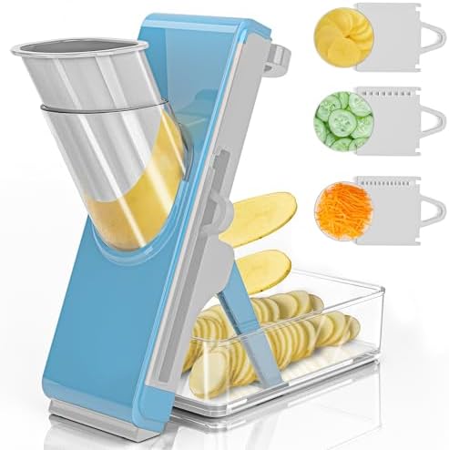 Eletronova Safe Mandoline Slicer for Kitchen, Vegetable Slicer with Container, French Fry Cutter, All in 1 Julienne Slicer for Potato, Thickness Adjustable, Detachable Blade (Light gray-blue) by Eletronova