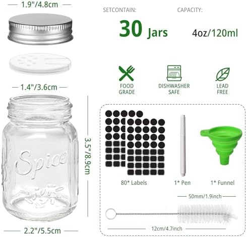 30 Pack 4oz Round Glass Spice Jars with Shaker Lids & Metal Caps