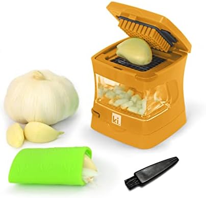 Garlic-A-Peel Garlic Press, Crusher, Cutter, Mincer, and Storage Container - Includes Silicone Garlic Peeler - Easy to Clean - Stainless Steel Blades – (Honey), standard by Kitchen+Innovations