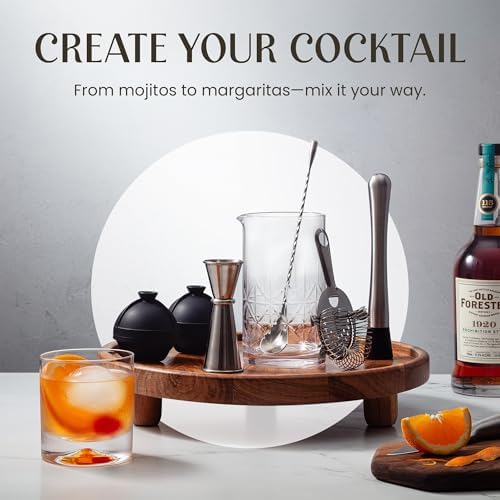 Commercial Grade Bar Mixing Glass – Includes 24oz Crystal Stirring Glass, Japanese Jigger, Bar Spoon, Muddler, and Hawthorne Strainer for Crafting Old Fashioned Cocktails at Home Bars