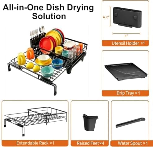 Expandable Dish Drying Rack for Kitchen Counter, 1-Tier, Heavy Duty Carbon Steel Over Sink Dish Drainer, Rust-Resistant Adjustable Dish Rack with Utensil Holder, Large Capacity, Black