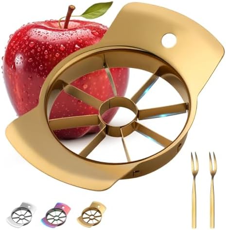 Fruit Slicer, 304 Stainless Steel Fruit Cutter 8 Slices, Corer for Fruits & Vegetables, Ergonomic Handle Easy Grip Pears Divider, Sturdy and Sharp, Dishwasher Safe (Gold)