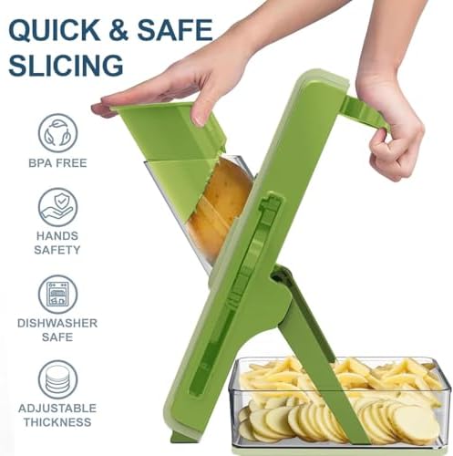 Safe Mandoline Slicer for Kitchen, Vegetable Slicer with Container, French Fry Cutter, All in 1 Julienne Slicer for Potato, Thickness Adjustable, Detachable Blade (Green)