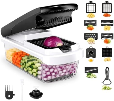 15-in-1 Vegetable Chopper and Mandoline Slicer with Container, Multifunction Food Chopper, Onion Cutter, Veggie Dicer, Fruit Slicer, Kitchen Gadget with Stainless Steel Blades, Black by Unknown