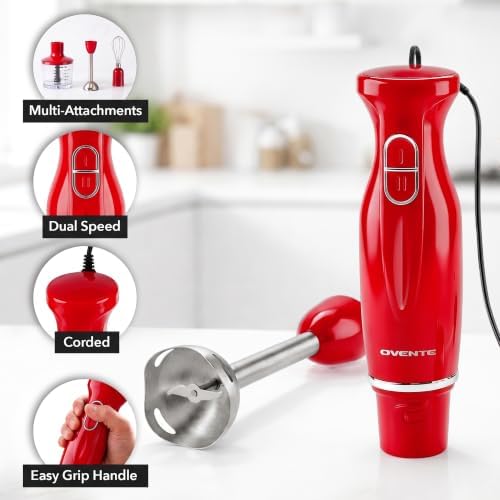 Electric Hand Blender Set with 2 Mixing Speeds, Red HS565R