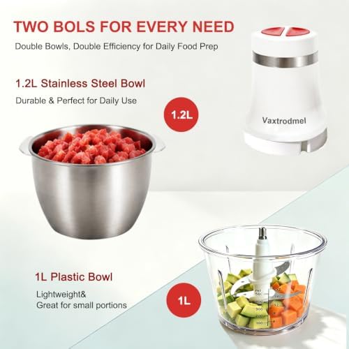 Food Processor with 2 Bowl (5 Cup + 4 Cup), 2 Speed Control, Small Food Chopper with 2 Set of Dual Blades SS, Dishwasher Safe, Milk Frother Disc, Meat Grinder + Vegetable Chopping, 3 Years Support