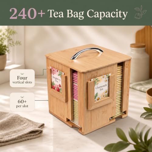 Bamboo Tea Bag Organizer & Holder, 240+ Capacity, 4 Slots, No Assembly