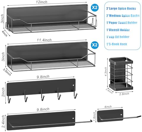 Magnetic Spice Rack for Refrigerator,8 Pack Magnetic Fridge Shelf, Moveable Spice Organizer with Hook Rack, Paper Towel Holder, Utensil Holder,cup lid holder, Super Magnetic Rack Set (Black)