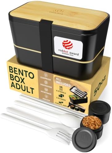 Bento Box Adult, Stackable Lunch Box, 50 oz, Black& Bamboo
