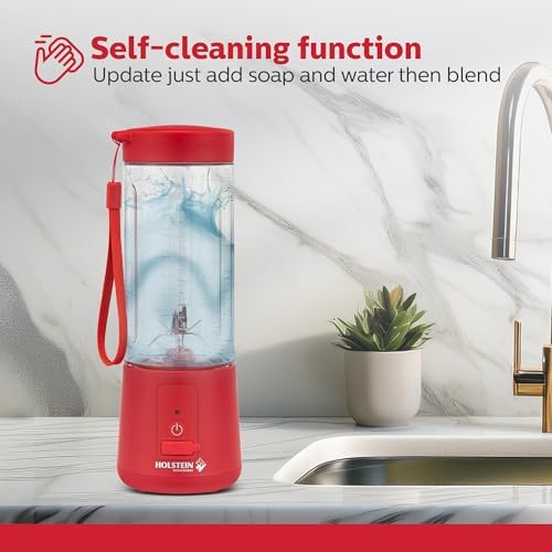 USB Portable Blender, 16oz Personal Smoothie & Shake Maker with Rechargeable Battery, Type-C Fast Charging, Spill-Free Lid & Indicator Light - Red