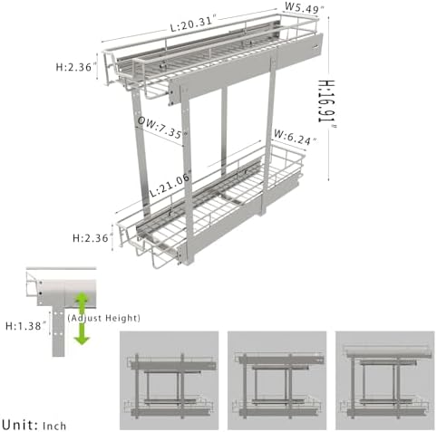 Pull Out Cabinet Organizer 7.5" W x 21" D, 2-Tier Kitchen Cabinet Pullout Shelf and Drawer Organizer Slide Out Pantry Storage Basket, 6.2" W x 21" D x 2.4" H for Bottom Basket Size