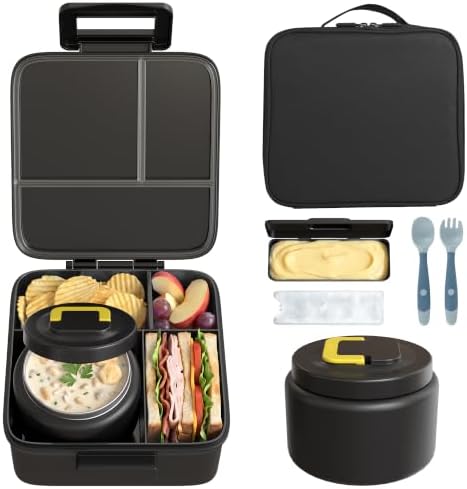 Bento Lunch Box with 8oz Soup Thermo and Insulated Lunch Bag, Kids Leakproof Lunch Food Containers with 5 Compartment, Boys Girls Thermo Hot Food Jar for Travel, School, BPA Free (Black)