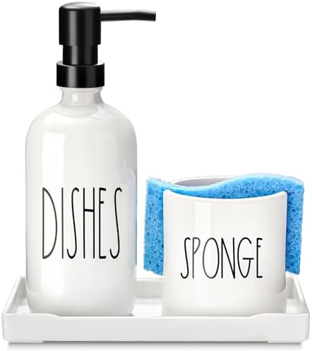 Dish Soap Dispenser for Kitchen, Ceramic Dish Soap Dispenser with Sponge Holder, White Dispenser Set with Tray, 3 in 1 Countertop Sink Organizer, Farmhouse Modern Kitchen Decor