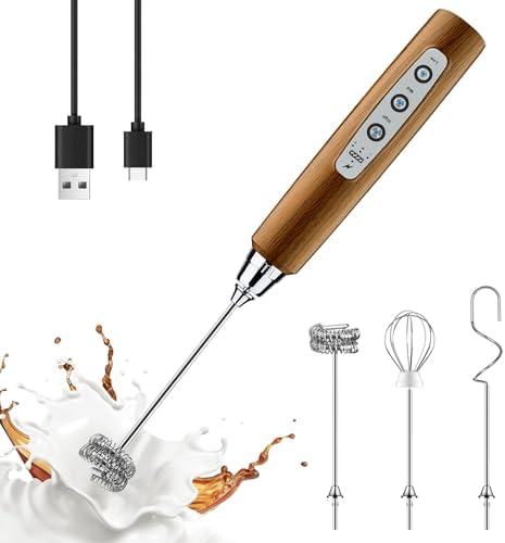 YUSWKO Wood Grain Handheld Milk Frother Wand for Coffee, Rechargeable Electric Whisk with 3 Heads 3 Speeds Drink Mixer Coffee Frother For Latte, Cappuccino, Hot Chocolate, Egg by YUSWKO