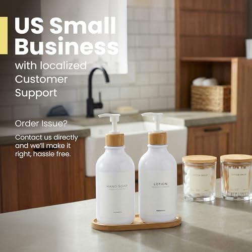 Soap Dispenser Bathroom Set of 2-16.9 oz Bathroom Soap Dispenser Set - White Plastic Bottles x 2 with White Bamboo Pumps & Tray