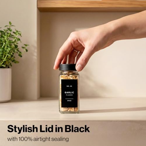 Glass Spice Jars with Labels, 24x Matte Black Lids - 4oz Set