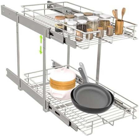 Pull Out Cabinet Organizer 7.5" W x 21" D, 2-Tier Kitchen Cabinet Pullout Shelf and Drawer Organizer Slide Out Pantry Storage Basket, 6.2" W x 21" D x 2.4" H for Bottom Basket Size
