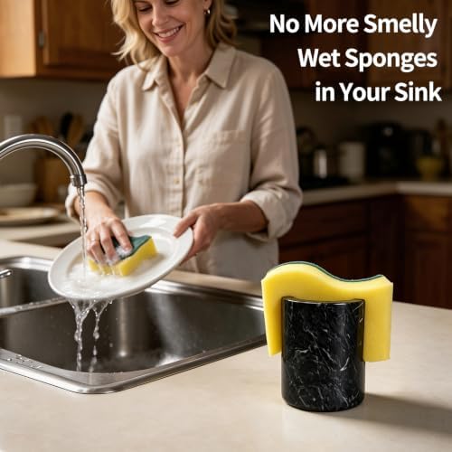 Marble Sponge Holder for Kitchen Sink Countertop Organizer(Black)