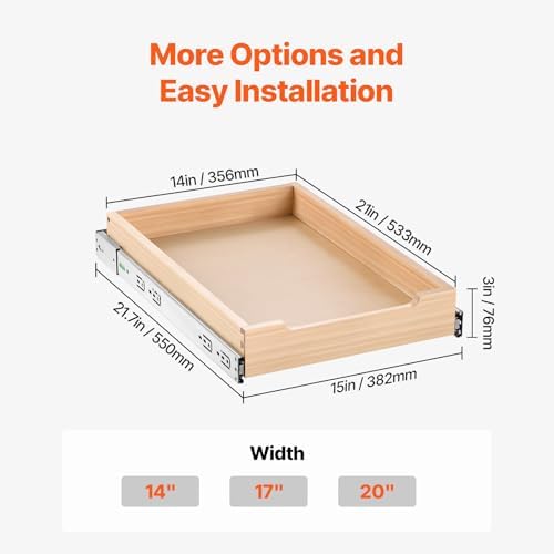 Pull Out Cabinet Organizer, 14"W x 21"D Cabinet Drawer, Soft Close Slide out Shelf, Heavy-Duty Sliding Wood Drawer, Bottom Mount Size（14.5"W x 23"D）and Side Mount Size（15"W x 23"D）