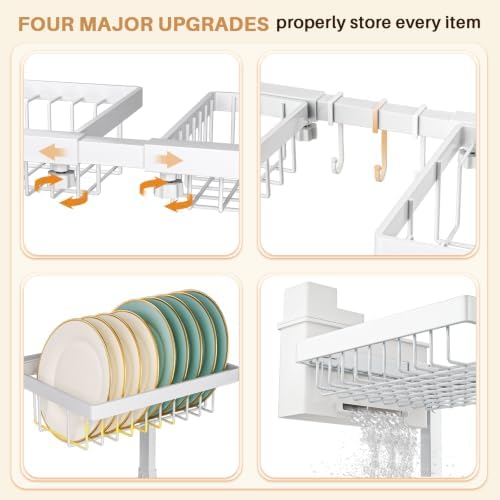 4 Baskets 2-Tier Over The Sink Dish Drying Rack, 26.57"-35" White