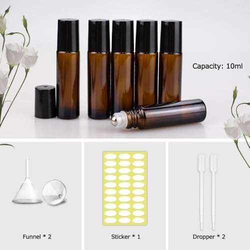 Roller Bottles for Essential Oils - 12 Pack 10ml Amber Glass Roll on Bottle - Image 4