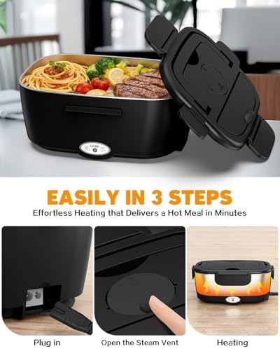 80W Electric Lunch Box Food Warmer for Car/Truck/Office, 110V/24V/12V Portable Heated Lunch Box for Adults, Dual 1.5L Stainless Steel Containers, Leak-Proof & Fast Heating, 3-in-1 Design