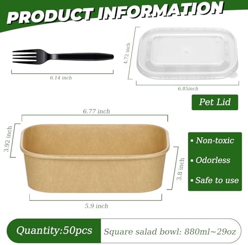 50 Disposable Meal Prep Containers 29oz Kraft Paper Bowls with Lids & Forks