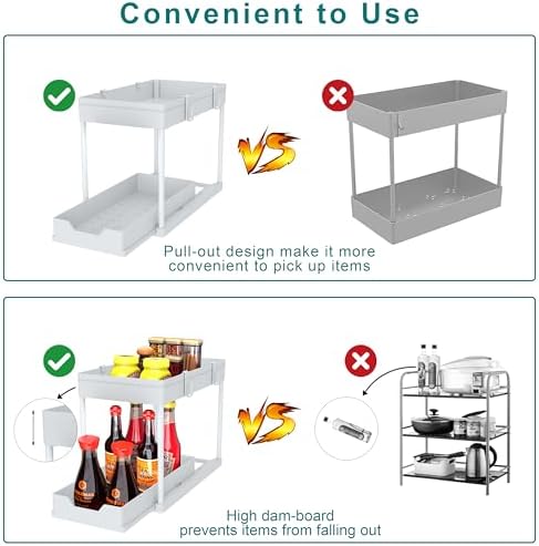 Cabinet, 2 Pack Under Sink Organizer, 2 Tier Sliding Bathroom Kitchen Organizer, Large White ABS Baskets, Easy Install & Clean