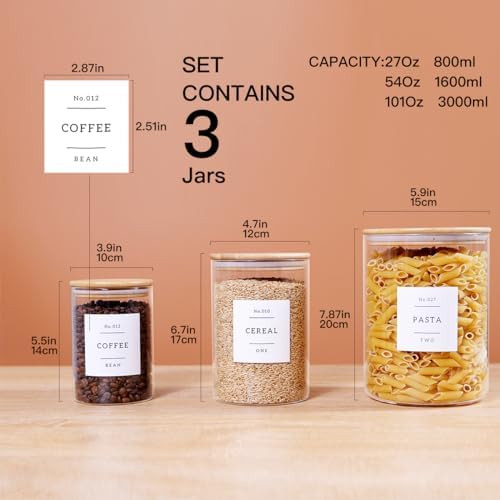 3 Pcs Glass Canisters with Airtight Bamboo Lids and 42 Kitchen Pantry Labels Preprinted - Clear Glass Flour and Sugar Storage Container Set - Large Glass Jars with Wood Lids(100 OZ/54 OZ/27 OZ)