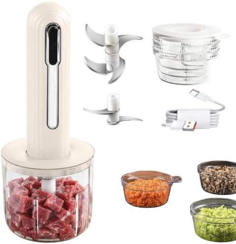 Home Use Wireless Electric Meat Grinder, Cordless Multifunctional Mini Electric Food Processor, Wireless Portable Kitchen Chopper for Minced Meat, Garlic, with 4 Cups & 2 Slicers (White) by FotymiuEnjoyLifeSmileEvery