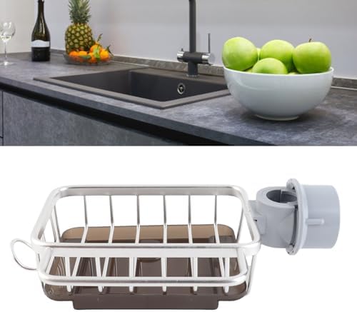 Haofy Kitchen Faucet Sponge Holder, Sink Faucet Caddy Organizer with Drip Tray for Dish Soap Brush, 5.7 x 10.5 x 3.5 (Silver)