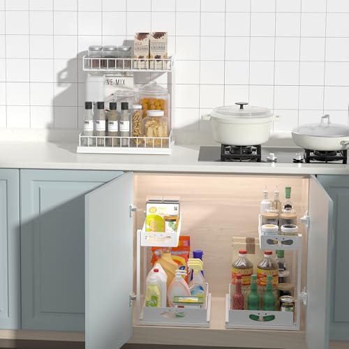 Under Sink Organizer with Pull-Out Drawers,Kitchen Sink Organizer,2 Tier Bathroom Organizers And Storage,Bathroom Accessories Set,White 2 Pack