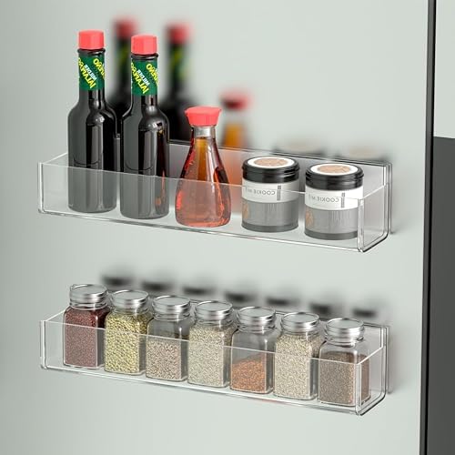 Adhesive Acrylic Spice Rack Organizer for Wall with Nano Double Sided Tape, Spice Shelf Organization for Kitchen Cabinet Door/Pantry Door, Wall Mount Seasoning Rack (Clear-2 Pack)