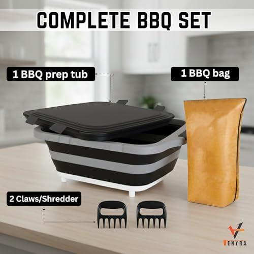 3pcs Barbecue Prep Tub, BBQ Blanket, Meat Shredder Claws | Collapsible 3 in 1 Cutting Board with Colander & Dish Basin, Insulated 21" Meat Resting Bag, Barbecue Grilling Accessories.