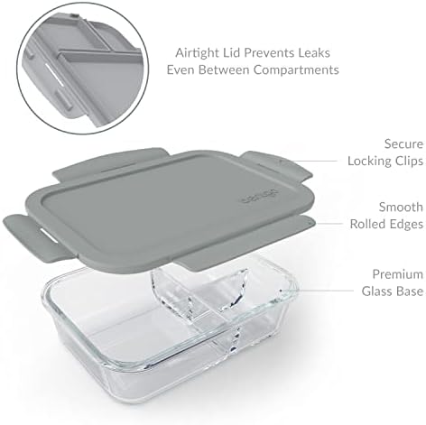 Glass Lunch Box, Leak-Proof, 3-Compartment, 5-Cup Capacity