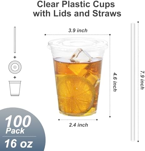 100 Pack - 16 oz Clear Plastic Cups with Lids and Straws