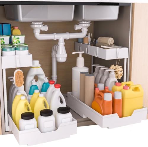 2-Tier Under Sink Organizers and Storage 2 Pack Sliding L-shape Under Cabinet Organizers For Narrow Space Multi-purpose Sink Organizer for Bathroom Kitchen Drawer(White 2 Pack)